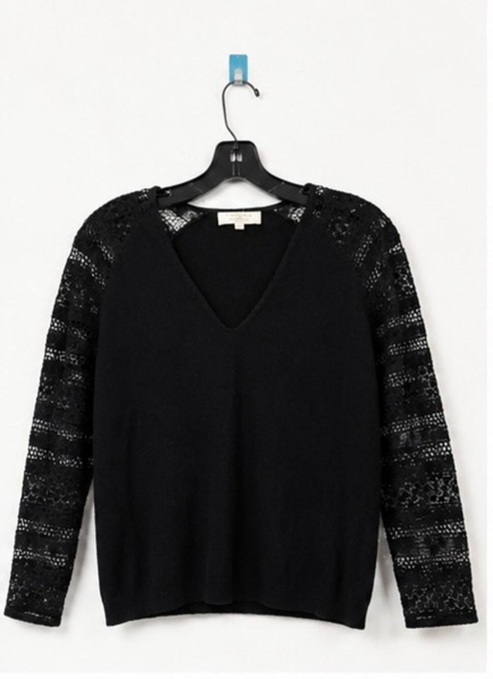 Sezane Black Wool Cashmere Lace Sleeve V Neck Sweater S